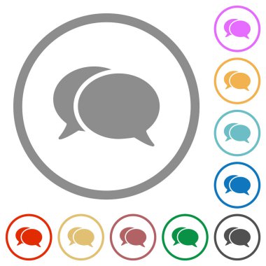 Two oval chat bubbles solid flat color icons in round outlines on white background