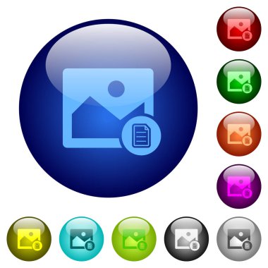 Image properties icons on round glass buttons in multiple colors. Arranged layer structure