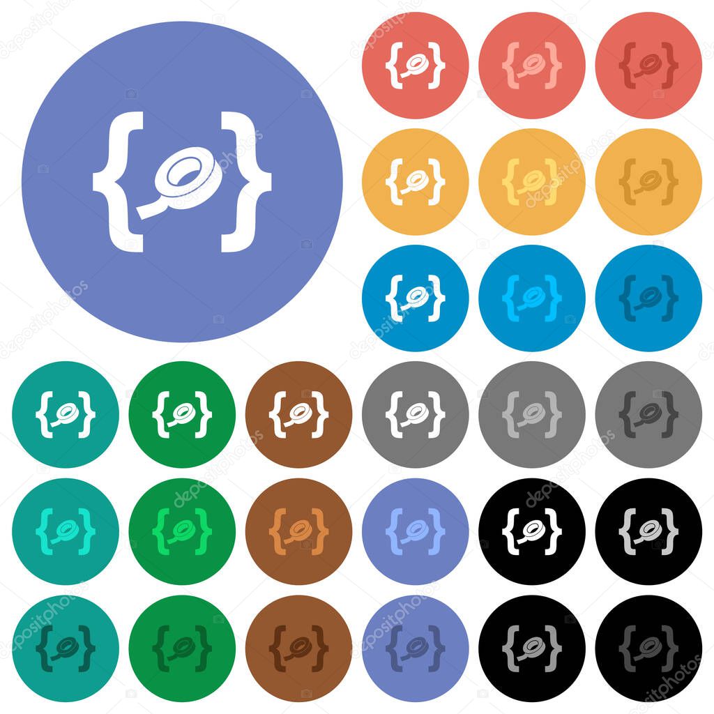 Software patch multi colored flat icons on round backgrounds. Included white, light and dark icon variations for hover and active status effects, and bonus shades.