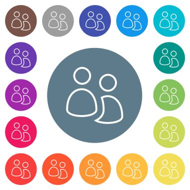 User group outline flat white icons on round color backgrounds. 17 background color variations are included.