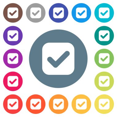 Checkbox solid flat white icons on round color backgrounds. 17 background color variations are included.
