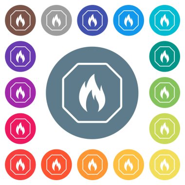 Octagon shaped natural gas sanction sign outline flat white icons on round color backgrounds. 17 background color variations are included.