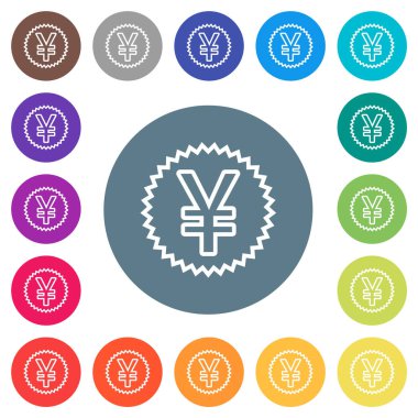 Japanese Yen sticker outline flat white icons on round color backgrounds. 17 background color variations are included.