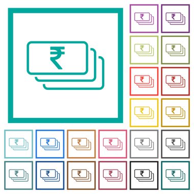 Indian Rupee banknotes outline flat color icons with quadrant frames on white background