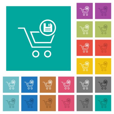 Cart save outline multi colored flat icons on plain square backgrounds. Included white and darker icon variations for hover or active effects.