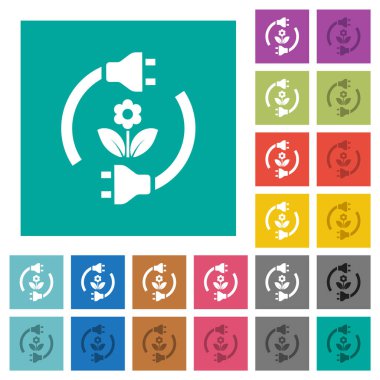 Green energy multi colored flat icons on plain square backgrounds. Included white and darker icon variations for hover or active effects.