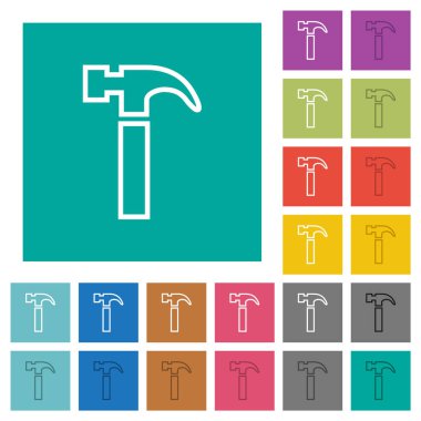 Hammer outline multi colored flat icons on plain square backgrounds. Included white and darker icon variations for hover or active effects.