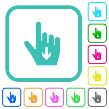 Hand cursor down solid vivid colored flat icons in curved borders on white background