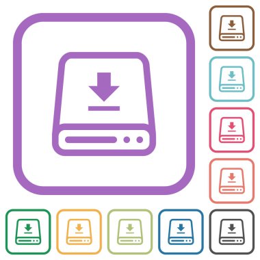 Download to hard drive outline simple icons in color rounded square frames on white background