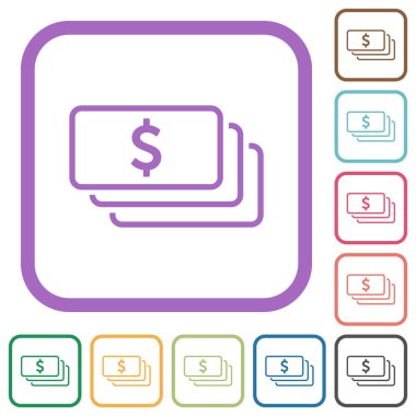 American dollar banknotes outline simple icons in color rounded square frames on white background
