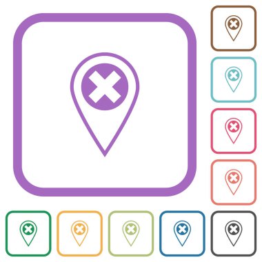 GPS location cancel simple icons in color rounded square frames on white background