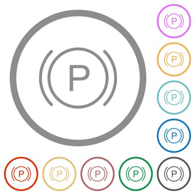 Car dashboard brake warning indicator flat color icons in round outlines on white background