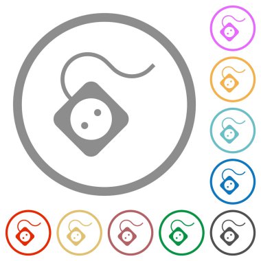 Portable electrical outlet with one socket and cord solid flat color icons in round outlines on white background