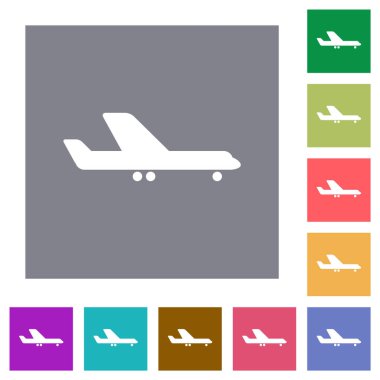 Airplane side view flat icons on simple color square backgrounds