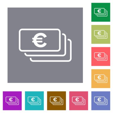 European Euro banknotes outline flat icons on simple color square backgrounds
