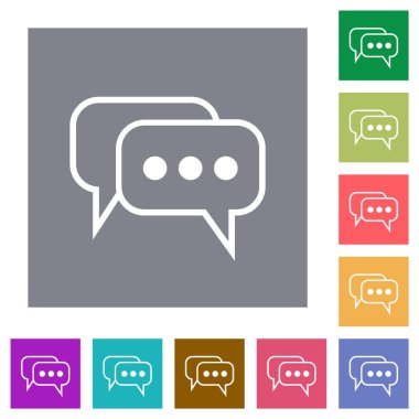 Two rounded square active chat bubbles outline flat icons on simple color square backgrounds
