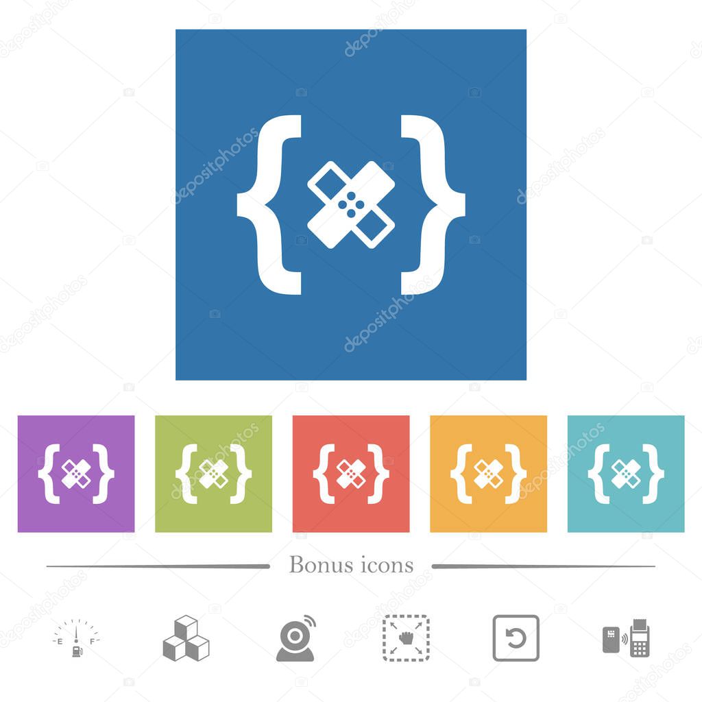 Software patch flat white icons in square backgrounds. 6 bonus icons included.