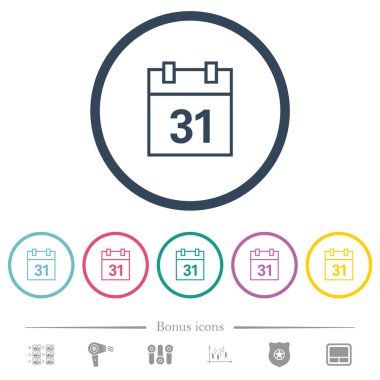 Calendar outline flat color icons in round outlines. 6 bonus icons included.