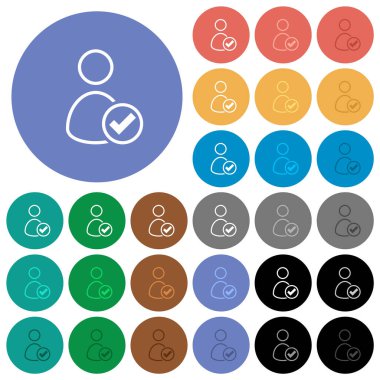 User OK outline multi colored flat icons on round backgrounds. Included white, light and dark icon variations for hover and active status effects, and bonus shades.
