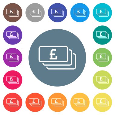 English Pound banknotes outline flat white icons on round color backgrounds. 17 background color variations are included.