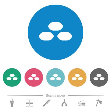 Coal briquettes flat white icons on round color backgrounds. 6 bonus icons included.