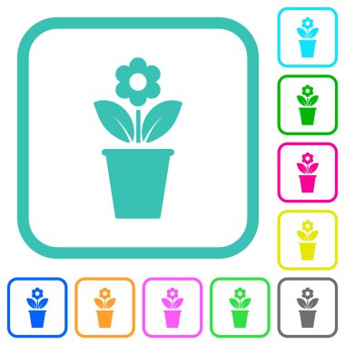flowerpot with flower and leaves solid vivid colored flat icons in curved borders on white background