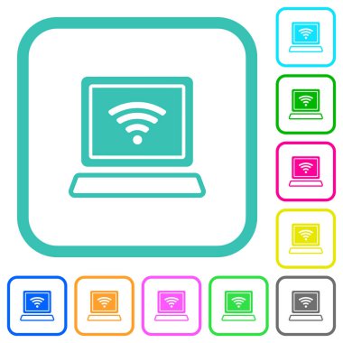 Laptop computer with wireless symbol alternate vivid colored flat icons in curved borders on white background