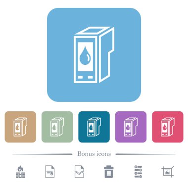 Ink cartridge outline white flat icons on color rounded square backgrounds. 6 bonus icons included