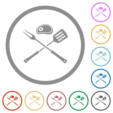 Barbecue fork and spatula with steak flat color icons in round outlines on white background