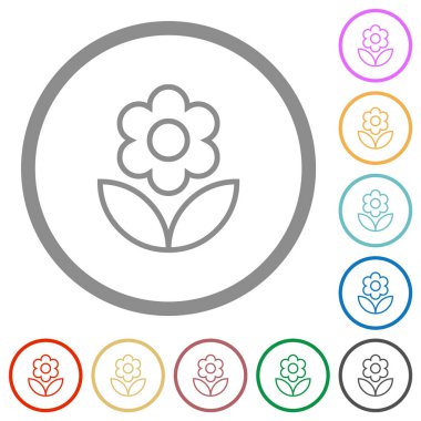 Single flower outline flat color icons in round outlines on white background