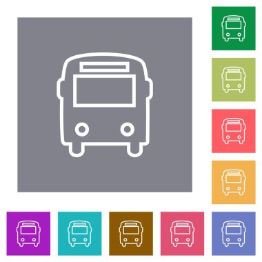 Bus front view outline flat icons on simple color square backgrounds