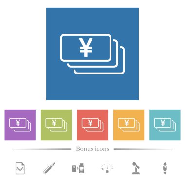 Japanese Yen banknotes outline flat white icons in square backgrounds. 6 bonus icons included.