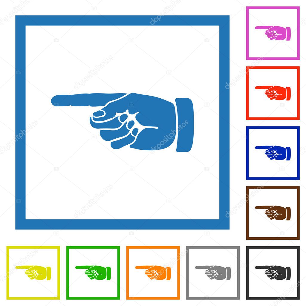 Left pointing hand solid drawing flat color icons in square frames on white background
