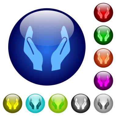 Empty protecting hands solid icons on round glass buttons in multiple colors. Arranged layer structure
