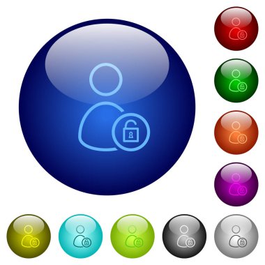 Unlock user outline icons on round glass buttons in multiple colors. Arranged layer structure