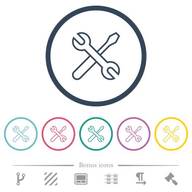 Crossed wrench and screwdriver outline flat color icons in round outlines. 6 bonus icons included.