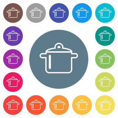 Cooking pot outline flat white icons on round color backgrounds. 17 background color variations are included.