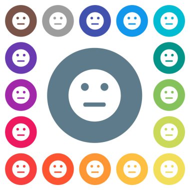 Neutral emoticon solid flat white icons on round color backgrounds. 17 background color variations are included.