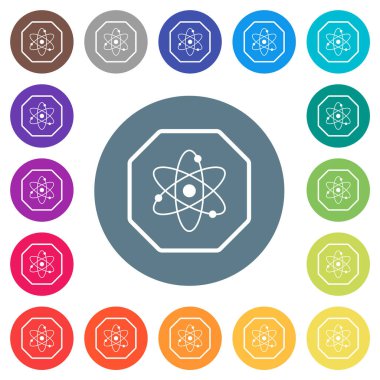 Octagon shaped nuclear energy sanction sign outline flat white icons on round color backgrounds. 17 background color variations are included.