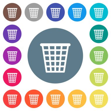 Single empty wide trash outline flat white icons on round color backgrounds. 17 background color variations are included.