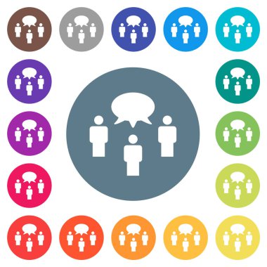 Three talking persons with oval bubble solid flat white icons on round color backgrounds. 17 background color variations are included.