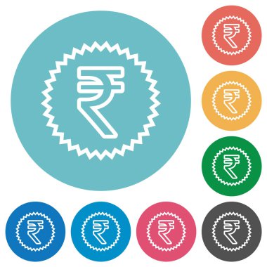 Indian Rupee sticker outline flat white icons on round color backgrounds