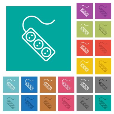 Portable electrical outlet with three sockets and cord outline multi colored flat icons on plain square backgrounds. Included white and darker icon variations for hover or active effects.