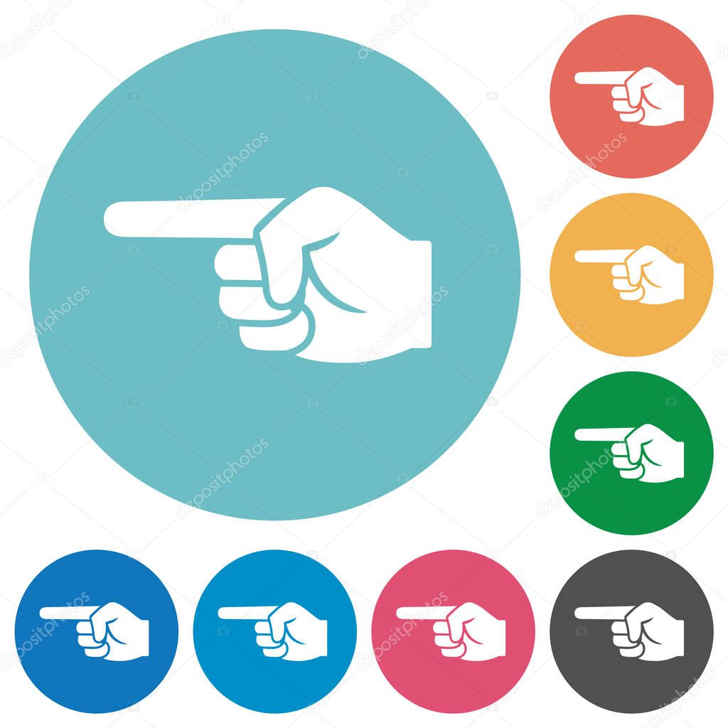 Left pointing hand solid flat white icons on round color backgrounds