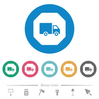 Octagon shaped transport sanction sign solid flat white icons on round color backgrounds. 6 bonus icons included.