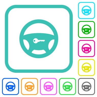 Beyaz arkaplan üzerindeki eğri kenarlıklardaki canlı renkli düz simgelerde direksiyon kilidi