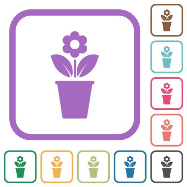 flowerpot with flower and leaves solid simple icons in color rounded square frames on white background