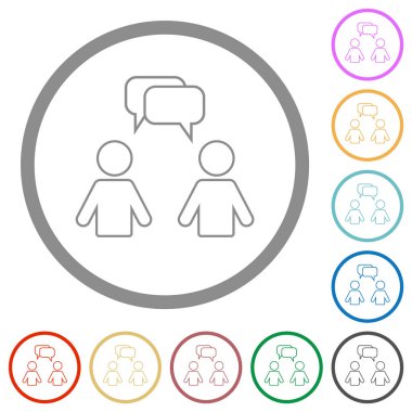 Two talking persons with rounded square bubbles outline flat color icons in round outlines on white background