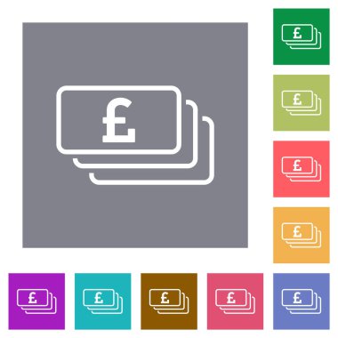English Pound banknotes outline flat icons on simple color square backgrounds