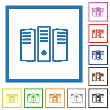 Server hosting outline flat color icons in square frames on white background